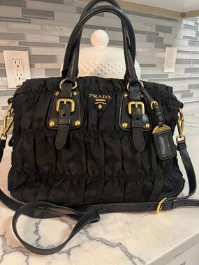 Prada Black Gathered Nylon Satchel with Gold-Tone Hardware